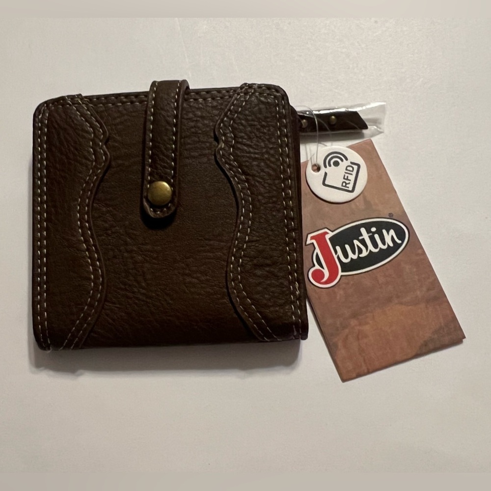 Justin Boots RFID Snap Bifold ID Credit Card Holing Wallet Brown Western NEW!